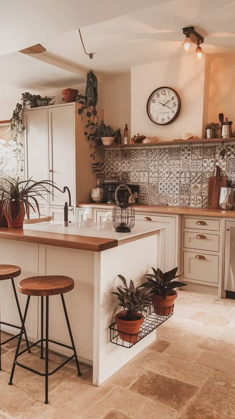 40+ Inspiring Boho Kitchen Designs That'll Make Cooking a Dream Kitchen Interior Boho Modern, Boho Open Kitchen And Living Room, Kitchen Decor Plants Inspiration, Boho House Remodel, Rustic Boho Apartment Decor, Boho Range Hood, Boho Small House Interiors, Boho Neutral Kitchen, Kitchen Boho Lighting