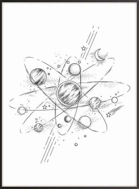 Planet System Tattoo, Solar System Hip Tattoo, Planets Tattoo Solar System, Planet Sketches Solar System, Planets Line Art, Cool Space Drawings, Solar System Sketch, Planet Line Art, Computer Illustration Design