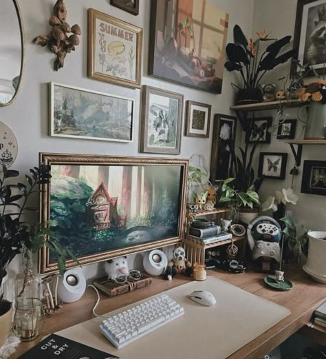 Computer And Art Desk, Desk Wall Shelf Ideas, Dark Office Setup, Gaming Room Setup Aesthetic Dark, Whimsical Desk Setup, Moody Pc Setup, Aesthetic Computer Monitor, Cozy Pc Gaming Setup, Art Desk Ideas Aesthetic