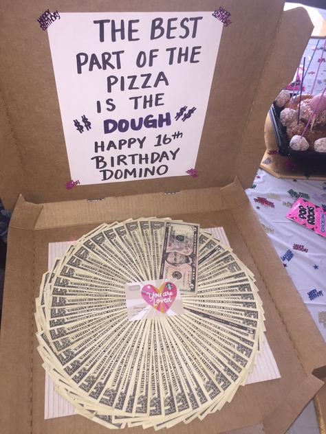 Birthday Pizza Dough Gift Count Down To Birthday Gift Ideas, 16th Birthday Boy Ideas, Personal Birthday Gifts, 16th Birthday Ideas, Birthday Money Gifts, Birthday Pizza, Boy 16th Birthday, Money Gifts, Creative Money Gifts