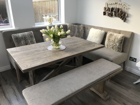 Dining Room Ideas With Bench Seating, Corner Bench Table Kitchen, Sectional Dining Table, Bench Kitchen Table Corner, Table With Corner Bench, Corner Bench Tables, Grey Kitchen Table With Bench, Bench Style Kitchen Table, Dining Table Sofa Seating