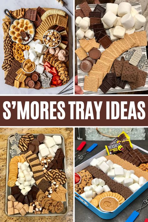 If you love s'mores, these s'mores trays are perfect for summer!  Make s’mores night even s’more fun with a loaded S’mores Tray that let’s each person build their own s’mores creation – the possibilities are endless! #smores #smorestray S’more Dessert Bar, S’more Platter, Smores Over Campfire, Man Snacks Parties, Smores Bday Party Ideas, Dessert Charcuterie Board Smores, S’more Packaging, Thanksgiving Smores Bar, Make Your Own Smores Bar