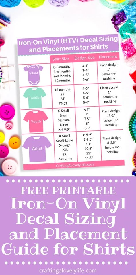 Need help figuring out what size to make the iron-on decals for your custom shirts? This free printable iron-on decal sizing and placement guide will help! Cricut | Cricut Iron-on Vinyl | Cricut Tips | Cricut for Beginners | Decal Size for Cricut Cricut Size Guide, Cricut Tshirt Placement Guide, Cricut Decal Size Chart, Htv Vinyl Placement On Shirts, Cricut Vinyl Guide, Decal Size For Shirts, Size Of Designs On Shirts, Decal Size Chart For Shirts, Size Guide For Vinyl Shirts