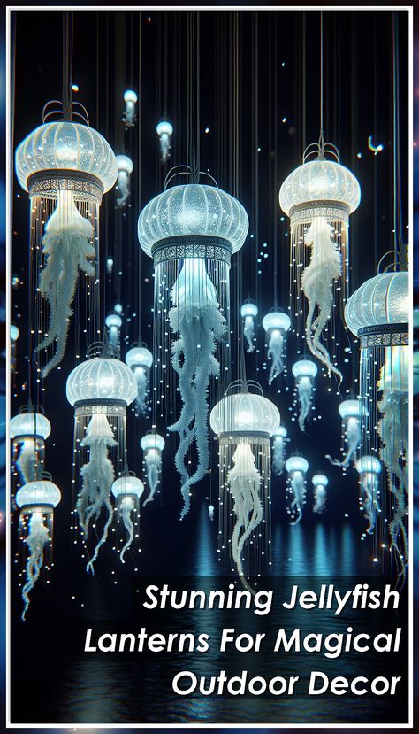 Transform your outdoor space with these stunning jellyfish lanterns. Illuminate your garden with a touch of magic and whimsy. Perfect for adding a unique and enchanting ambiance to any outdoor gathering. Create a mesmerizing atmosphere with these beautiful jellyfish lanterns. Jellyfish Installation, Festival Totem, Aquarium Room, Jellyfish Decor, Lantern Parade, Beautiful Jellyfish, Hanging Jellyfish, Jellyfish Lantern, Fish Lanterns