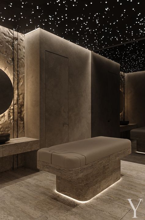 shower spa hotel massage hammam interior design starry sky ideas for relax room Massage Room In House, Dark Spa Interior Design, Luxury Home Spa Design, Spa Ceiling Ideas, Luxury Day Spa, Sauna Relax Room, Accent Wall Spa, Office Relaxation Room, Home Spa Room Decor