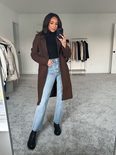 Brown Over Coat Outfit, 2023 Coat Outfit, Womens Overcoat Outfits, Brown Peacoat Womens Outfit, Brown Sweater With Jeans, Abercrombie Wool Coat, Abercrombie Bodysuit Outfit, Black And Chocolate Brown Outfit, Dark Brown Shacket Outfit