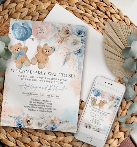 Can Bearly Wait Gender Reveal, Bearly Wait Gender Reveal, Teddy Bear Gender Reveal Invitation, Elephant Gender Reveal, Teddy Bear Gender Reveal, Bear Gender Reveal, Gender Reveal Party Theme, We Can Bearly Wait, Bearly Wait