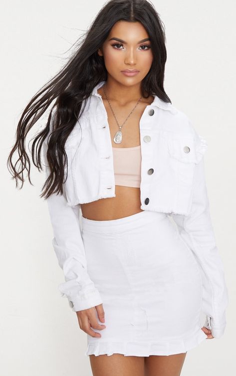 White Ruffle Cropped Denim Jacket Crop Top Jacket Outfits, White Jean Jacket Outfits, Cropped Denim Jacket Outfit, Gown With Jacket, White Dress Outfit, Crop Top Jacket, Jean Jacket Outfits, Denim Jacket Outfit, White Jean Jacket