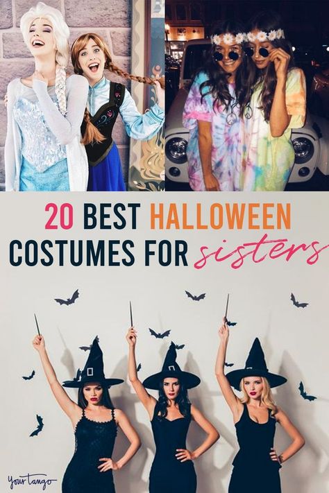 20 Best Halloween Costume Ideas For Sisters - When thinking of Halloween costume ideas, why not dress up with your sister from the same mister? These Halloween costumes for sisters are creative and fun, and sure to wow everyone at parties. Sisters Halloween Costumes Adult, Halloween Costumes Sisters Women, 4 Sisters Halloween Costumes, Twins Halloween Costumes For Women, Sister Customes Ideas, Funny Sister Halloween Costumes, Matching Halloween Costumes For Sisters, Diy Sister Halloween Costumes, Cute Halloween Costumes For Sisters