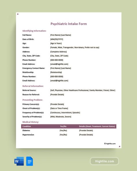 Psychiatric Intake Form - Word | Google Docs - Highfile Intake Form, Contact Names, Medical Background, Emergency Contact, Medical History, Google Docs, Healthcare Professionals, First Names, Phone Numbers