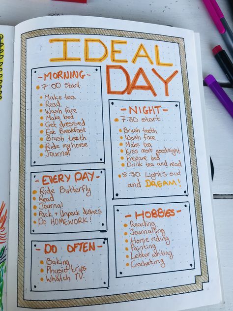 Bujo Ideal Day, Ideal Day Journal, Ideal Self Journal, Ideal Day Bullet Journal, Ideal Day Routine, Ideal Day, Bullet Journal Month, Whimsical Art Journal, Study Planner Printable