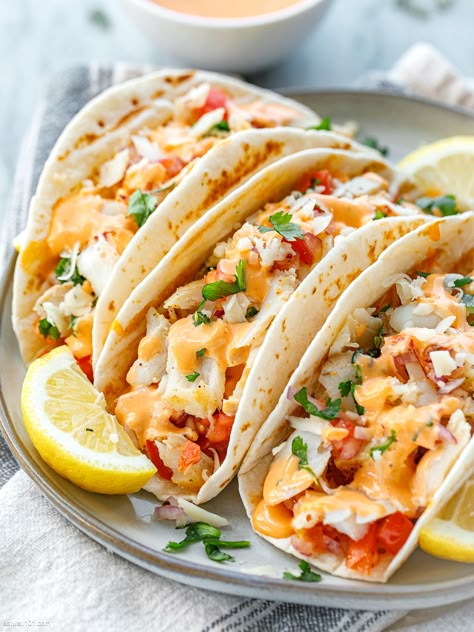 Fish Tacos With Flounder, Easy Tilapia Fish Tacos, Perch Fish Tacos, Haddock Taco Recipes, Flounder Taco Recipes, Maui Maui Fish Tacos Recipes, Leftover Cod Recipes, Recipes With Frozen Fish, Swordfish Tacos Recipes