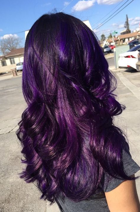 Dark Purple Baylage Hair, Purple Hair With Dimension, Long Violet Hair, Purple Hair With Purple Highlights, Deep Purple Hair On Black Women, Black And Purple Halo Hair, Dark Purple Halo Hair, Purple Hair On Dark Hair, Brunette To Purple Hair