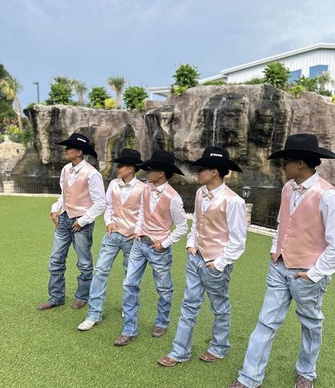 Cowboy Quinceanera Outfits, Lavender Chambelanes Outfits Vaquero, Chambelans Suits Pink, Chambalenes Outfits For Quince, Quince Suits For Guys, Chambelanes Outfits Light Blue, Cowboy Chambelanes Outfits, Rancho Quinceanera Theme Pink, Chamberlain Outfits Quince