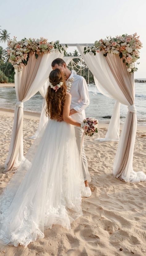 Wedding Dresses At The Beach, Wedding Dress Island, Beach Wedding Inspo Dress, Wedding On The Beach Dress, Beach Floral Wedding, Beach Wedding Ceremony Photos, Small Intimate Beach Wedding Ideas, Beach Wedding Intimate, Beach Aesthetic Wedding