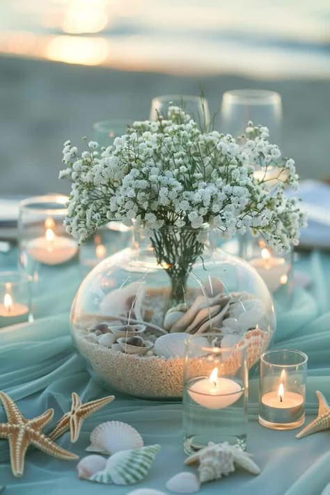 14 Enchanting Baby's Breath Centerpieces For Every Occasion • Simple Beach Wedding Flowers, Ocean Baby Shower Centerpieces, Simple Beach Wedding Ideas Decor, Beach Flower Arrangements, Flowers For Beach Wedding, Elegant Beach Wedding Decorations, Beach Wedding Table Decorations, Decoration Theme Marin, Baby's Breath Centerpieces