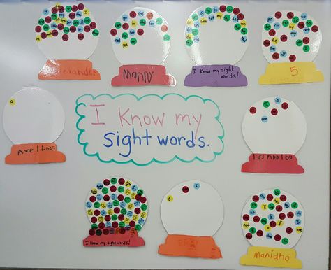 Sight words display board. As they learn each sight word, I add it on a color label to represent a gumball. Sight Word Data Wall, Kindergarten Data Wall, Data Wall, Core Ideas, Visible Learning, Sight Word Activities, Kindergarten Ideas, Student Data, Word Activities