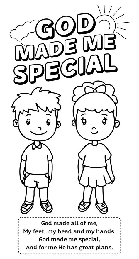 God Made Me Special, Sunday School Coloring Sheets, Bible Crafts Sunday School, Preschool Bible Lessons, Sunday School Coloring Pages, Christian Preschool, Bible Verse Coloring Page, Bible Activities For Kids, Sunday School Kids