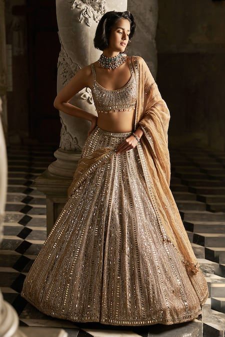 Buy Gold Net Embroidered Mirror Round Bridal Lehenga Set For Women by Seema Gujral Online at Aza Fashions. Lehenga Shoot, Tuscan Summer, Sequins Lehenga, Golden Lehenga, Peach Lehenga, Sequin Lehenga, Seema Gujral, Gold Lehenga, Mirror Work Lehenga