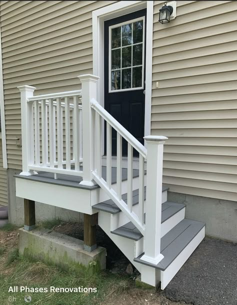 Front Porch Stairs With Railing, Side Stoop Porch, Steps Off Back Door, Back Stoop Ideas Porch Steps, Side Stairs Entrance Outside, Back Door Steps To Yard, Outdoor Steps Ideas Stairs Entrance, Deck Steps With Landing, Back Door Steps To Patio