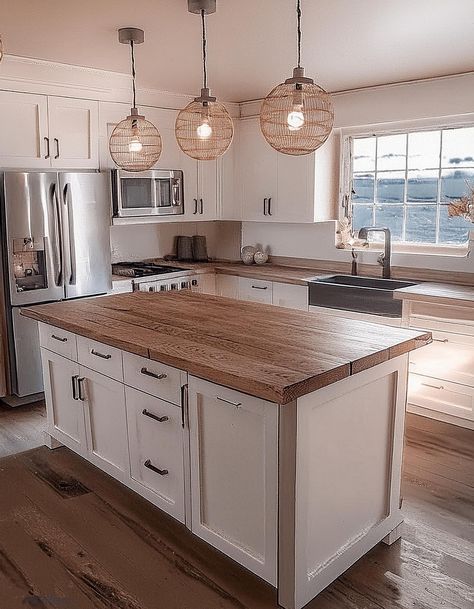 Butcher Block Countertops White Cabinets Butcher Block Countertops, Kitchen Island With Butcher Block Top, Butcher Block Countertops Kitchen, Kitchen Island Designs, Block Countertops, Butcher Block Island Kitchen, Tiny Kitchen Design, Butcher Block Kitchen, Kitchen Island Ideas