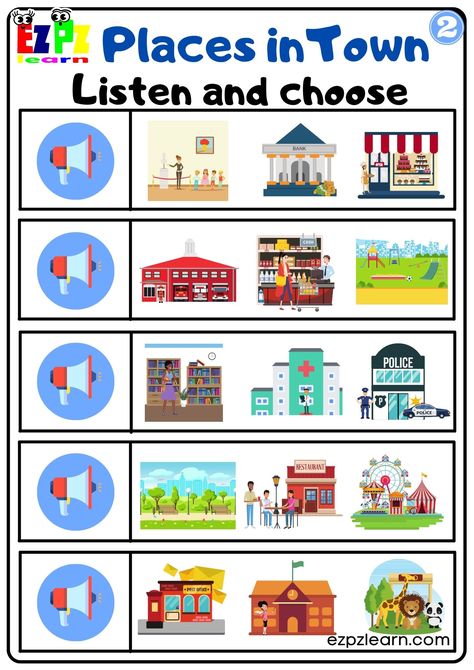 Places in the City Vocabulary Interactive Worksheet Listen and Choose the Correct Images Activity for Home Schooling Kindergarten and ESL G2 Places In The Community Kindergarten, Holiday Word Search, Places In The Community, Weather Vocabulary, Holiday Words, Esl Activities, Teaching First Grade, Tracing Worksheets, Home Schooling