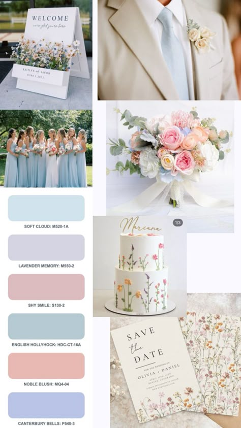 Spring Color Palette Wedding Colour Schemes, Wedding Pastel Decoration, Bridergton Wedding Theme, Beach Wedding Pastel Colors, Blue Wedding Theme Spring, Summer Wedding Color Palette Pink, Pink And Blue Wedding Party, Wedding Pastel Color Schemes, Spring Wedding Colors Palette