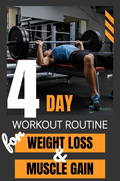 If you have been looking for a 4 day workout routine for weight loss and muscle gain, here you go! Being able to lose fat AND gain muscle at the same time is an art. Check out this awesome 4 day workout routine for weight loss and muscle gain. It will be 4 days of weight training, and 3 days of HIIT workouts. Get started today! Crossfit Workouts At The Gym, 4 Day Workout Routine, 4 Day Workout, Muscle Gain Workout, Weight Training Routine, Workout Plan For Men, Best Workout Routine, Workout Splits, Workout Routine For Men