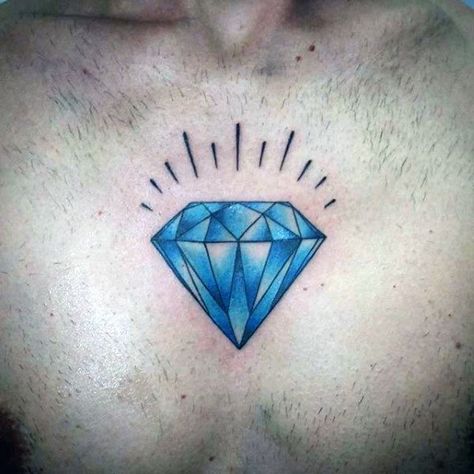 Middle Of Chest Traditional Blue Diamond Tattoos For Men Blue Diamond Tattoo, Diamond Tattoo Men, Diamond Tattoo Meaning, Traditional Diamond Tattoo, Diamond Tattoo Designs, Diamond Tattoo, Small Chest Tattoos, Diamond Tattoos, Retro Tattoos