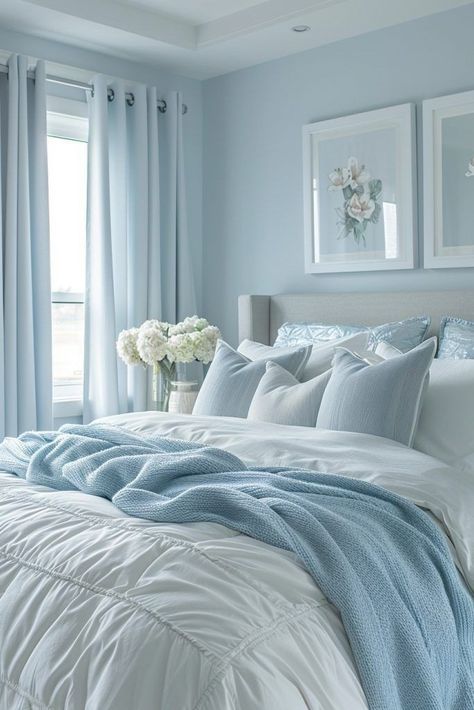 Light Blue White And Silver Bedroom Decor, Blue Color Bedroom Design, Light Airy Bedroom Paint Colors, Light Blue Curtains Bedroom Ideas, Light Blue Room Color Scheme, Light Blue And White Room Bedroom, Soft Bedroom Colors Wall, White Light Blue Bedroom, Bedroom Inspirations Blue Wall