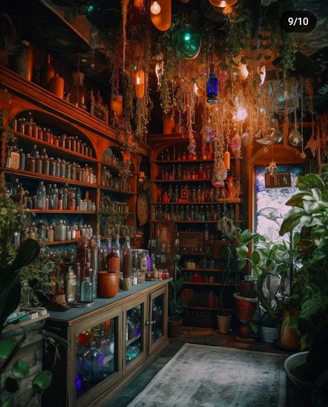 Apothecary Shop Interior, Herbal Shop Interior, Dnd Apothecary, Witches Table, Witch House Interior, Woods Witch, Herbalist Shop, Witchy Shop, Witch Hut