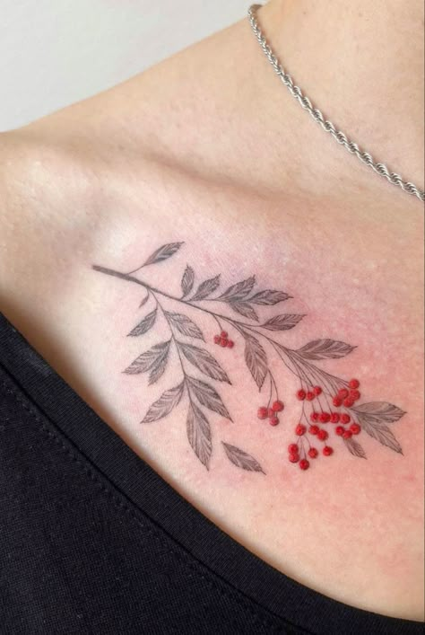 Cranberry Branch Tattoo, Red Leaves Tattoo, Holly Leaf Tattoo, Cranberry Tattoo, Holly Berry Tattoo, Rowan Tattoo, Inspo To Draw, Pomegranate Tattoo, Animals Geometric