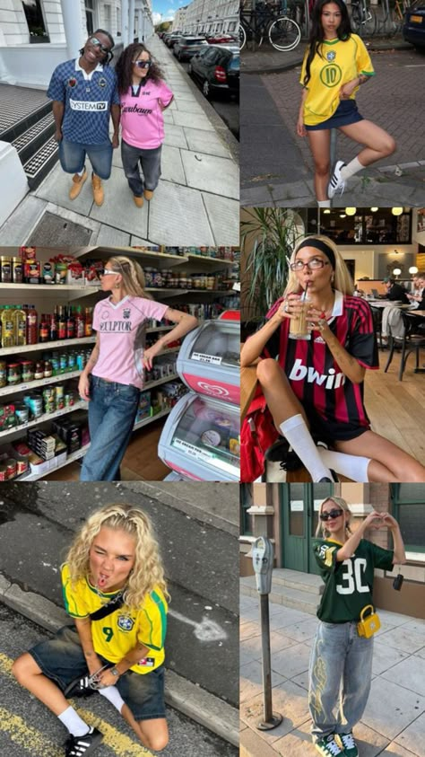 collage of people wearing aesthetic sports jerseys with big pants or big shorts Sport Jersey Outfit Women, Clothing Inspo Aesthetic, Trendy Poses, Baggy Tshirt Outfit, Jerseys Outfit, Sports Jersey Outfit, Casual Outfits Trendy, Adidas Shorts Women, Baggy Tshirt