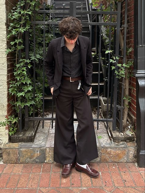 Skater Formal Men, Goth Formal Outfit Men, Flowy Slacks Outfit, Spring Formal Mens Outfit, Mens Alt Fashion Formal, Rich Casual Outfit Men, Mob Outfits Men, Dark Formal Outfit Men, Male Hoco Outfits