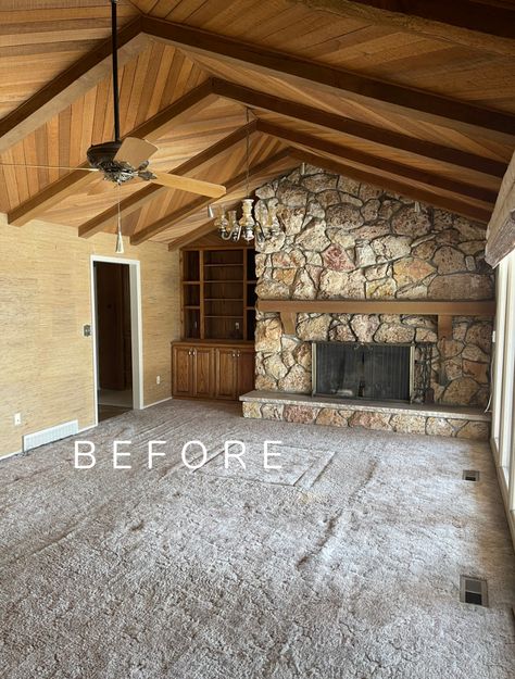 Family Room with Wood Ceiling- Utah Ranch Home - Nesting With Grace Cabin Interiors Living Room, Ranch House Remodel Interior, 1960s Ranch House Remodel, Ranch Style Home Remodel, Off Center Fireplace, 1960s Home Remodel, Mountain Home Interiors, Rustic Family Room, Ranch House Remodel