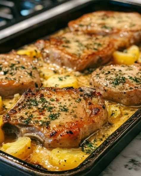 Every time I dish this out, I get hounded for the recipe! Cooktop Cove Recipes, Pork Loin Chops Recipes, Scalloped Potato Casserole, Best Pork Chop Recipe, Cooktop Cove, Creamy Scalloped Potatoes, Pork Main Dishes, Mustard Pork Chops, Scalloped Potato