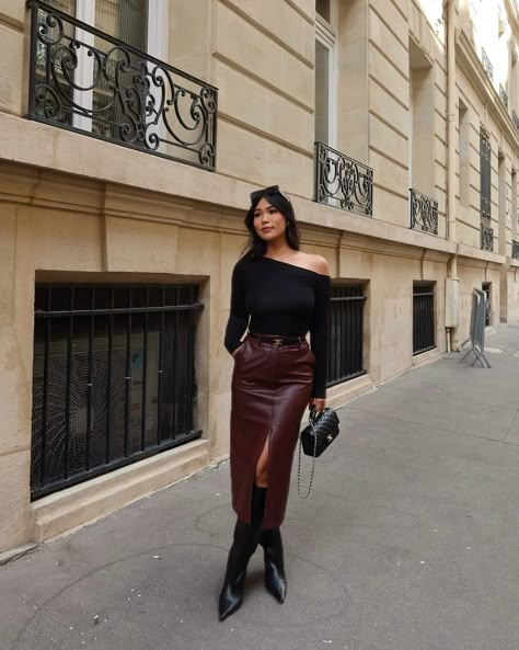 One of my fav look I worn in Paris🍷👄🍒 @dynamiteclothing * * Cherry red, cherry outfits, ruby red outfits, fall outfits, leather skirt, fall look, casual fall outfits, everyday looks, going out look, dressy midi skirt, fall style, burgundy outfit #falloutfits #fallstyle #cherryred #darkred#burgundyred #burgundyoutfit #casuallook #casualstyle #everydaystyle #everydayoutfit #fashioninspo #styleinspo Cherry Red Skirt Outfit, Burgundy Midi Skirt Outfit, Everyday Heels Casual, Burgundy Satin Skirt Outfit, Burgandy Outfits Aesthetic, Outfits With Leather Skirt, Burgundy Leather Skirt Outfit, Midi Leather Skirt Outfit, Red Leather Skirt Outfit