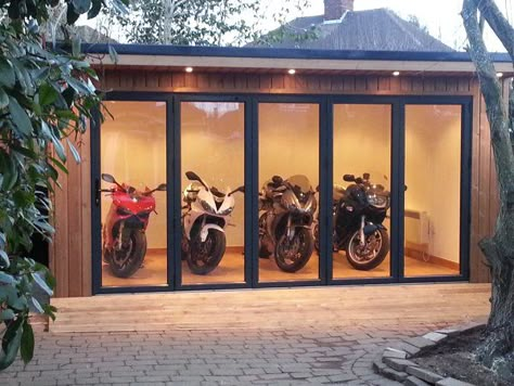 Motorcycle Showroom Design, Motorbike Storage, Bike Garage, Garage Design Interior, Motorcycle Storage, Motorcycle Workshop, Luxury Garage, Modern Garage, Motorcycle Shop