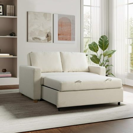 Make the most of your space with the Serta Tennyson Convertible Sofa. This multi-functional piece serves as a sofa, lounger, or bed depending on your needs. Its high-density foam cushions are packed with pocket coils that support you 24/7, and the backrest pillow provides extra comfort and convenience. The durability of the Tennysons wooden legs, solid hardwood frame, and soft ivory boucle fabric upholstery ensure that this convertible sofa is here to stay. Color: White. Sofa Bed Guest Room, Sofa Lounger, Convertible Sofa Bed, Inspire Me Home Decor, The Trinity, Convertible Sofa, Boucle Fabric, Full Bed, Furniture Of America