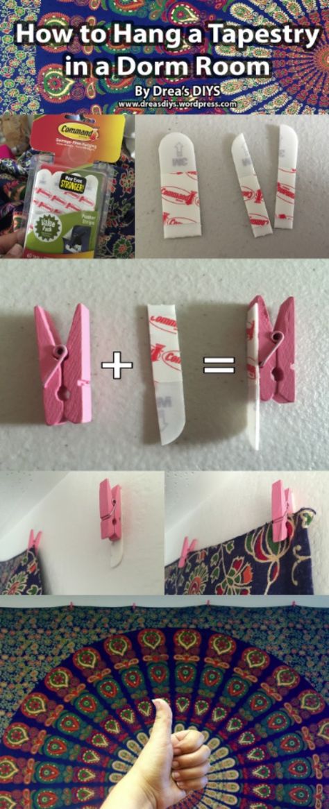 Dorm Room Hacks and Tips - Do you have ugly walls you cannot paint? Look how to hang a tapestry (or other art) without damage. More College Tips on Frugal Coupon Living. Dorm Hacks, Zimmer Diy, Dorm Sweet Dorm, Dorm Room Hacks, Dorm Diy, College Living, Room Hacks, Uni Room, Dorm Room Inspiration