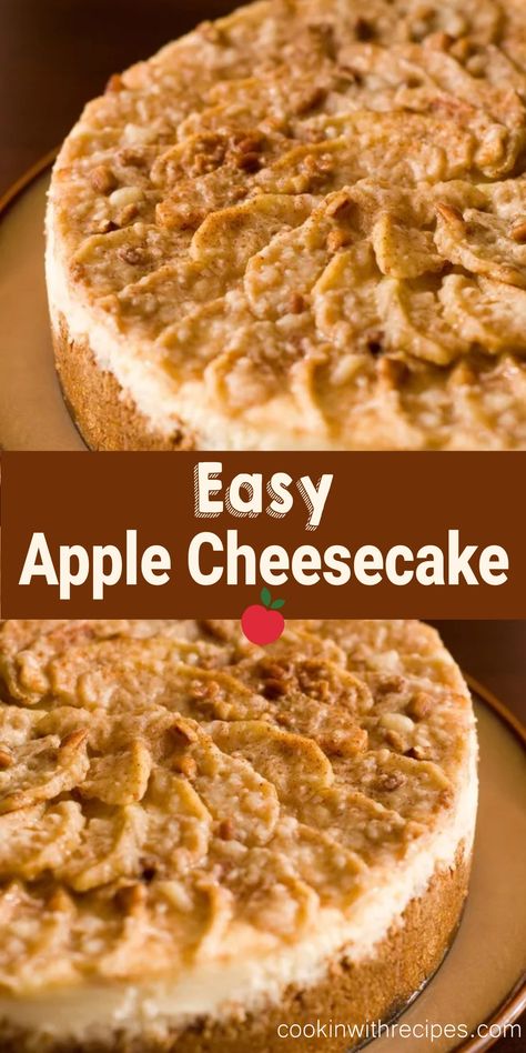 Easy Apple Cheesecake Recipe Apple Cake Cheesecake, Carmel Apple Cheesecake Easy Desserts, No Bake Apple Cheesecake Recipes, Carmel Apple Cheesecake Bar, Apple Crumble Cheesecake Recipe, Apple Cheesecake Tacos, Apple Pecan Cheesecake, Easy Caramel Apple Cheesecake, Easy Apple Cheesecake