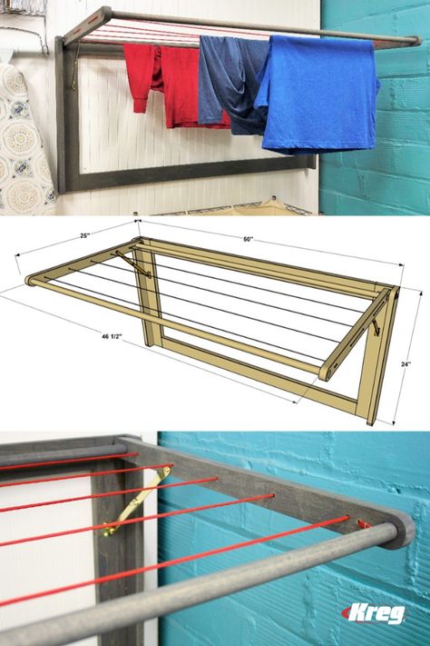 This wall-mounted laundry drying rack offers almost 20 feet of clothesline for air-drying clothes, all in a compact space. Plus, the rack folds flat against the wall so it’s out of the way when not in use. A couple of dowels and four boards, plus some clothesline, are all you need to build it. Free printable plans with how-to steps, tools & materials list, cut list & diagram. Save Now, Build Later! #laundryroom #dryingrack #DIY Outdoor Clothes Lines, Wall Mounted Clothes Drying Rack, Laundry Drying Rack, Laundry Rack, Project Plan, Diy Wand, Drying Rack Laundry, Laundry Drying, Laundry Room Diy