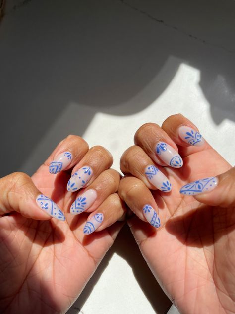 Mamma Mia Nail Art, Coastal Granddaughter Nail Ideas, Greek Island Nails, Blue Tile Nails, Chinoiserie Nails, Greek Style Nails, Mediterranean Nail Designs, Boho Manicure, Coastal Nails Designs