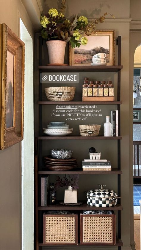 Nathan James Theo Bookcase, Ladder Shelf Decor Kitchen, Wood Bookshelf Decor, Prettyinthepines Living Room, Rustic Bookshelf Styling, Bookshelf In Kitchen Ideas, Book Shelf In Kitchen, Dining Room Bookcase Styling, Kitchen Bookcase Ideas