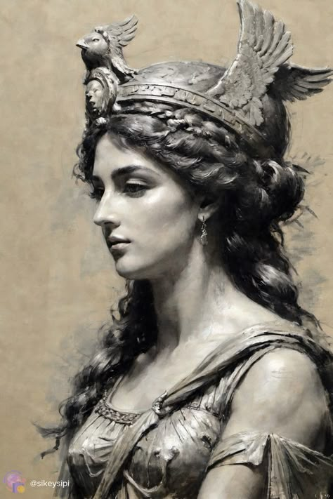 Find inspiration in this academic portrayal of Athena, the embodiment of wisdom and courage in Greek mythology. Her serene and powerful image reflects the essence of ancient legends, making it a captivating piece for art and history lovers alike. #AncientInspiration #Athena #GreekGoddess #WisdomAndCourage #AcademicArt #Mythology #HistoricalArt #GoddessOfWisdom Funny Portraits, Classical Portraits, Greek Goddess Art, Sugar Skull Artwork, Neural Art, Statue Tattoo, Greek Statues, Black And White Girl, Pen Art Drawings