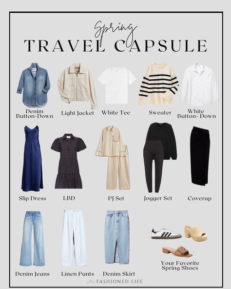 spring travel capsule Spring Travel Packing List, Smart Travel Outfits, Capsule Wardrobe Summer Travel, Spring Europe Travel Outfits, Europe Spring Travel Outfits, London Outfits Spring, Travel Wardrobe Capsule, Travel Capsule Wardrobe Spring, Travel Light Outfits