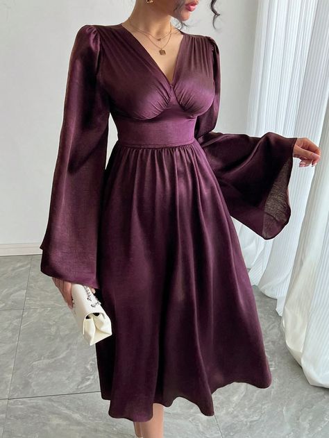 Women's Elegant Waisted Satin Flare Sleeve Dress, Suitable For Party/Wedding Purple Elegant  Extra-Long Sleeve Fabric Colorblock,Plain A Line Medium Stretch All Women Clothing, size features are:Bust: ,Length: ,Sleeve Length: Wedding Purple, Flare Sleeve Dress, Extra Long Sleeves, Purple Wedding, Womens Midi Dresses, Flared Sleeves, Party Wedding, Sleeve Dress, Color Blocking