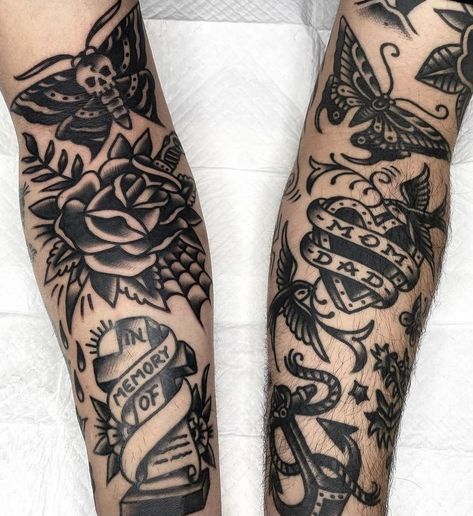 Traditional Tattoos Men Black, Old School Tattoos Men, Traditional Tattoo Sleeve Mens Black, Black Traditional Leg Sleeve, Black And Grey American Traditional Leg Sleeve, Old School Tattoo Sleeve Black, Traditional Forearm Tattoo Black, Forearm Traditional Tattoo, Men’s Traditional Arm Sleeve