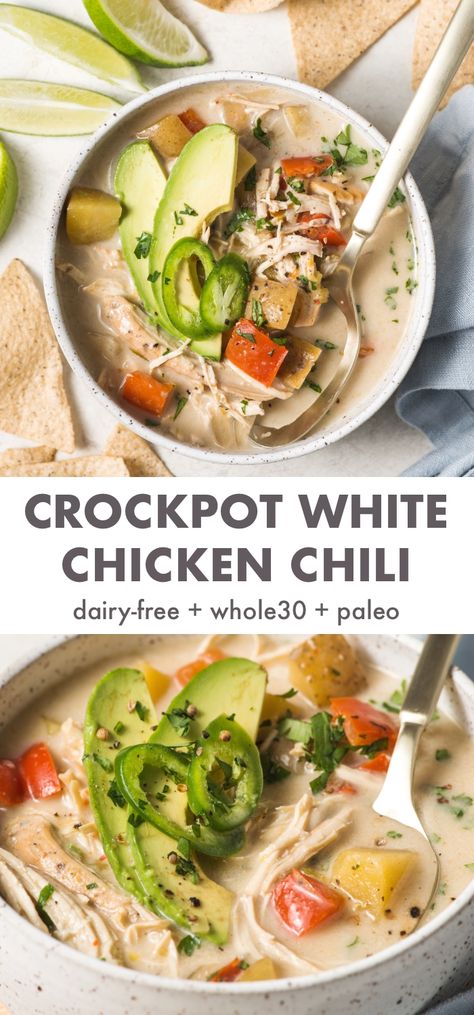 Paleo White Chicken Chili, Crockpot Dairy Free, Chili Paleo, Paleo Crockpot Recipes, White Chicken Chili Slow Cooker, Chicken Chili Crockpot, Crockpot White Chicken Chili, Paleo Soup, Chili Recipe Crockpot