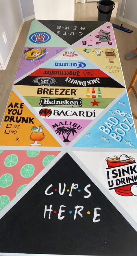 21st Birthday Beer Pong Table, Cool Beer Pong Tables, Halloween Beer Pong Table, Beer Pong Table Painted Alcohol Brands, Bear Pong Tables, Beer Pong Table Template, Drinking Table Painted, Get Your Balls Wet Beer Pong Table, Frat Beer Pong Table